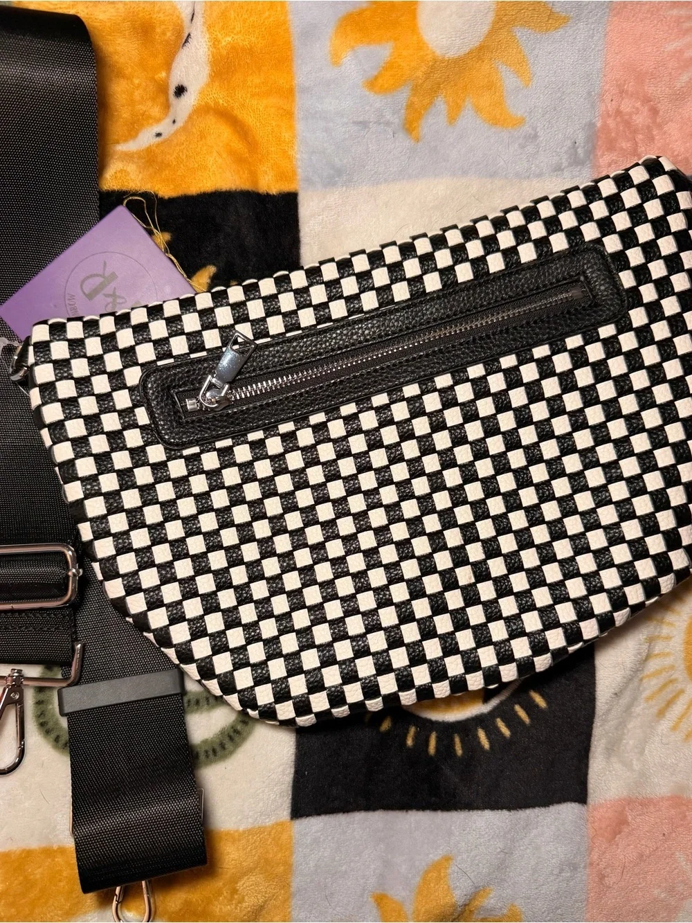 Iris & Rainbow Black & White Woven Checkered Crossbody Bag